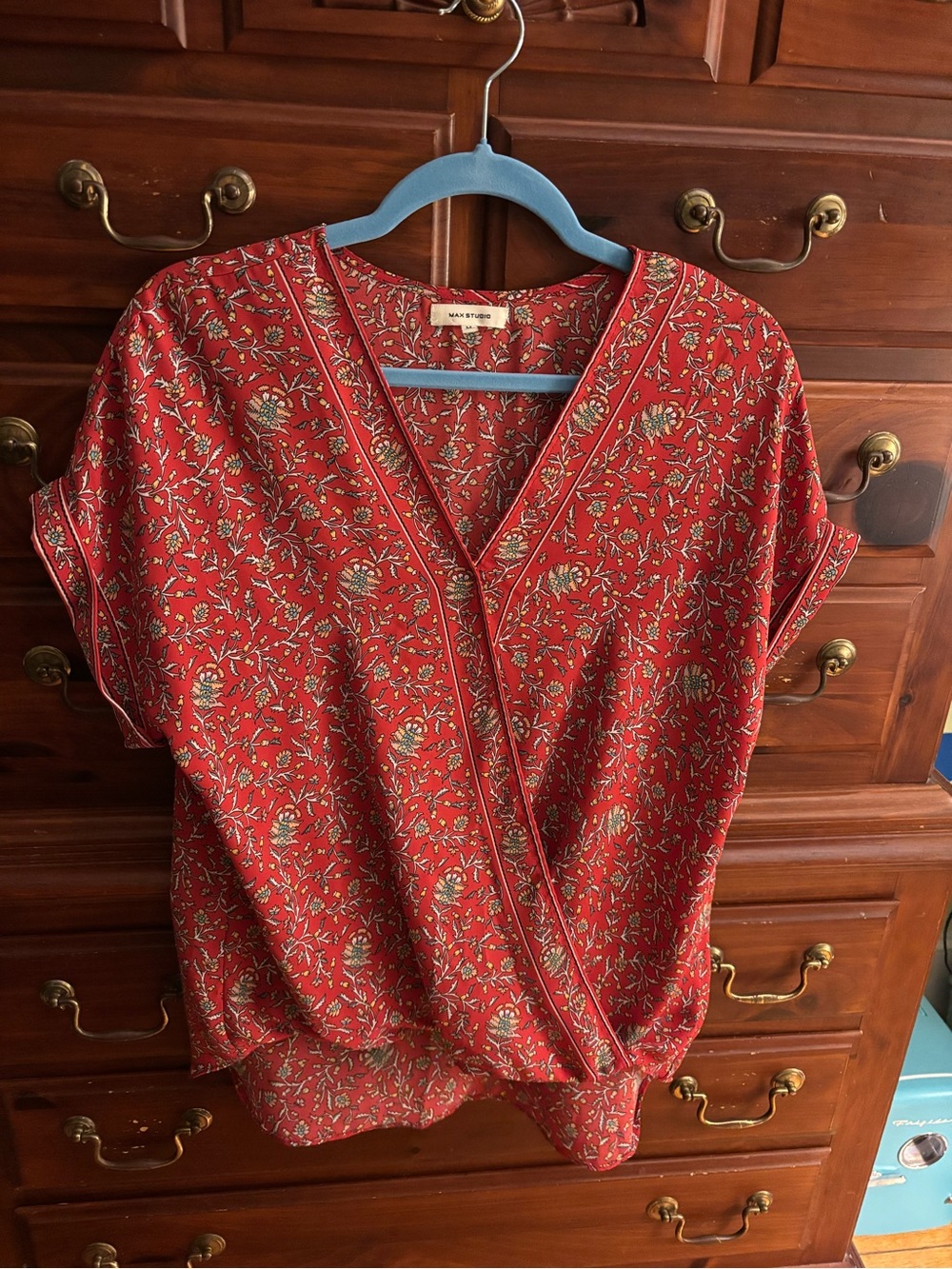 Max Studio Rust Red Floral Wrap Blouse